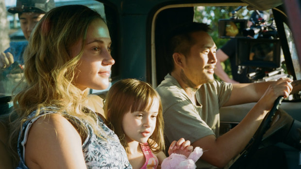Alicia Vikander (left), Sydney Kowalske and Justin Chon in a scene from Blue Bayou. 