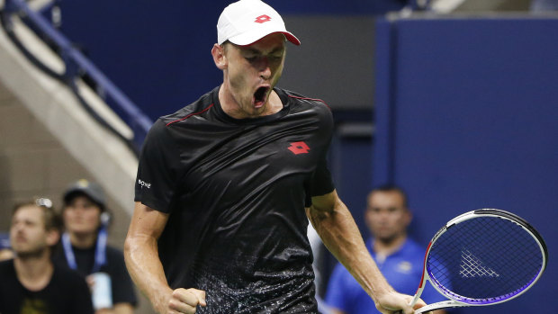 John Millman reacts after winning a point against Roger Federer during the fourth round of the US Open.