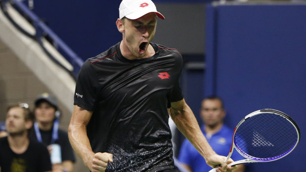 John Millman reacts after winning a point against Roger Federer in the US Open tennis. But he wasn’t even in the running for the Melbourne Express target word comp.