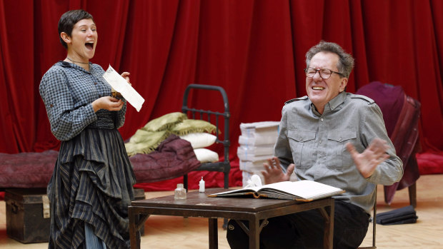 Yael Stone with Geoffrey Rush during rehearsals in 2010 for Diary of a Madman.