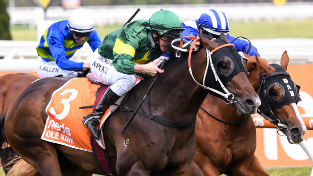 Ole Kirk under William Pike wins the 2020 Caulfield Guineas, one of the most important races for the Australian breeding industry.
