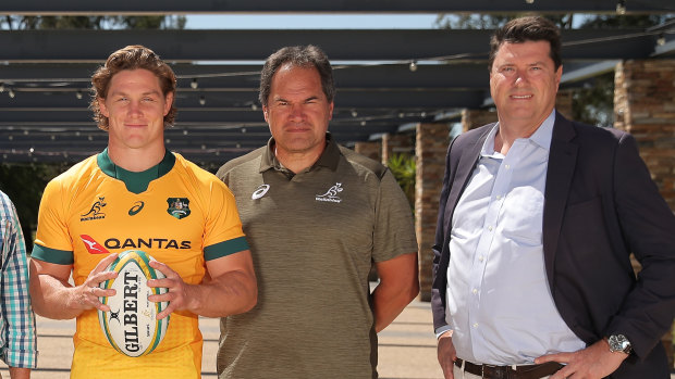 Michael Hooper (left), Dave Rennie (centre) and Hamish McLennan (right) in 2020. 