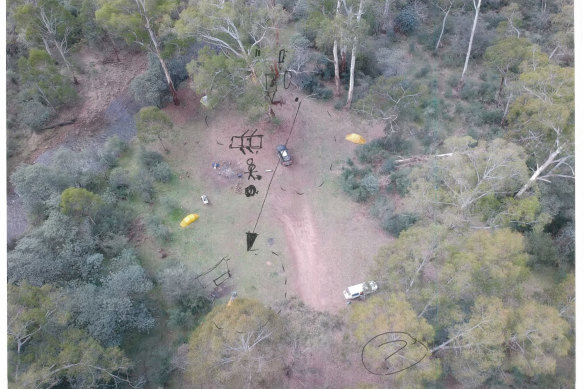An aerial picture of Bucks Camp with Lynn’s drawings. Lynn said his camp was at the top of the image, and Hill and Clay’s at the bottom. He said the alleged knife incident occurred in the middle.