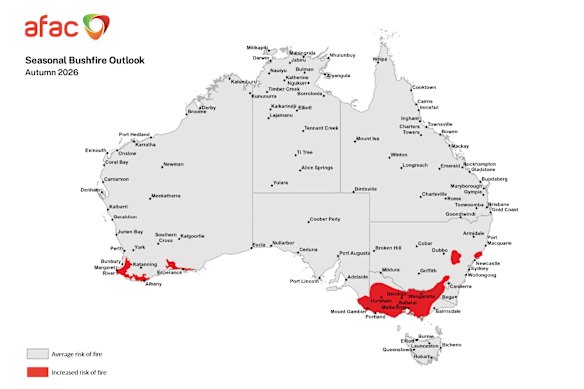 The national council for fire and emergency services has predicted increased risk of bushfires in Victoria, NSW and WA this autumn.
