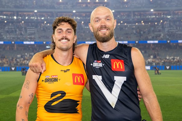 Max Gawn (right) and his former Melbourne teammate Luke Jackson, now with Fremantle, after the Origin game earlier this year.