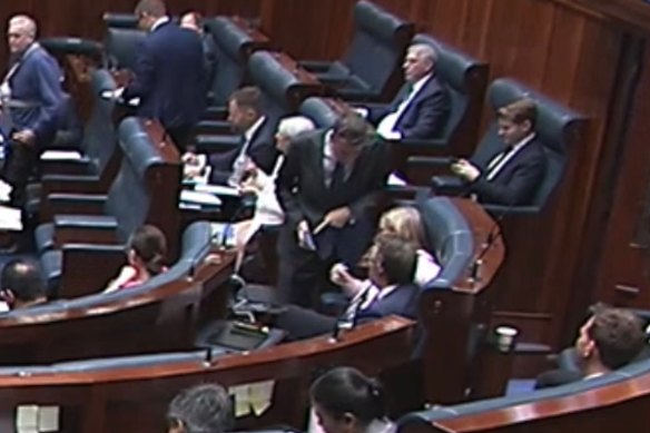 Opposition Leader Basil Zempilas speaking with Labor MP Michelle Maynard after question time on Wednesday.