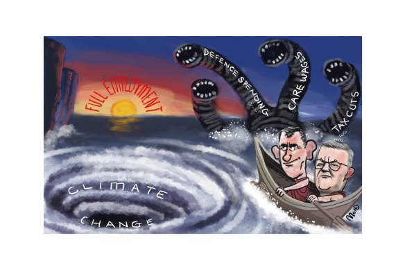 Albanese and Chalmers as Odysseus and mate facing Scylla and Charybdis in treacherous seas. Charybdis, the giant whirlpool is labelled “climate change”.