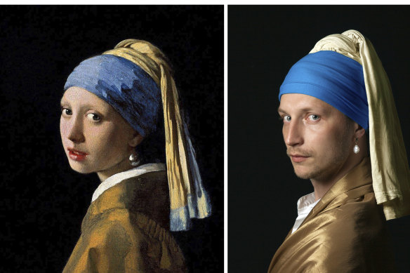 Johannes Vermeer's 'Girl with a Pearl Earring' artwork, left, and Vitaly Fonarev's recreation .