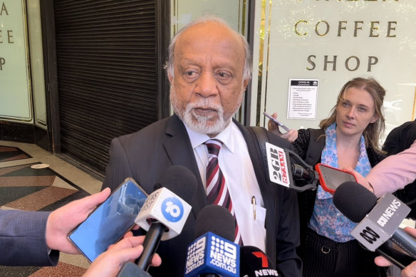 Lawyer Ananda Amaranath speaks to reporters outside court on Monday.