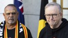 AFL legend Michael Long and Prime Minister Anthony Albanese during a press conference at Parliament House in Canberra on Thursday.