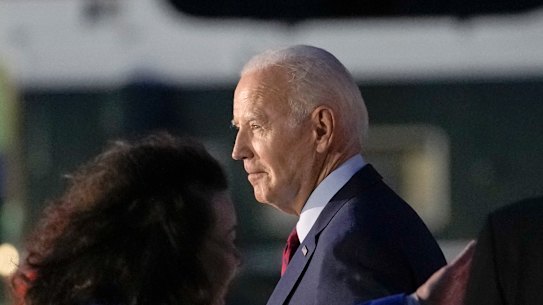 US President Joe Biden arrives at Stansted Airport before heading to Lithuania to attend the NATO Summit.