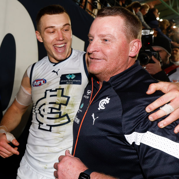 Carlton skipper Patrick Cripps and Blues coach Michael Voss.