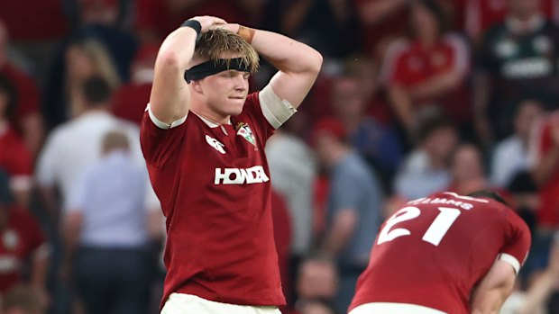 Lions’ Henry Pollock reacts after his side were defeated in the Rugby Union international match between the British and Irish Lions and Argentina, at the Aviva Stadium in Dublin, Friday, June 20, 2025. (AP Photo/Peter Morrison)