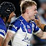 Lachlan Galvin celebrates after scoring a try on his Bulldogs debut. 