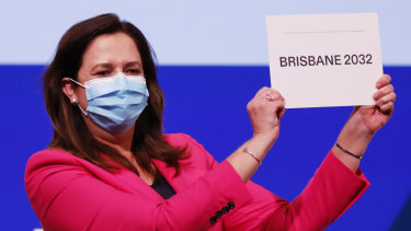 Queensland Premier Annastacia Palaszczuk celebrates after Brisbane was announced as the 2032 host city.
