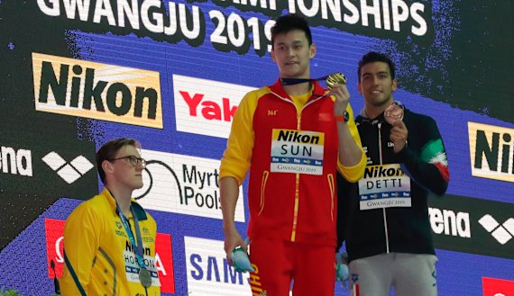 Australian silver medallist Mack Horton refuses to stand on  the dais with gold medallist Sun Yang.