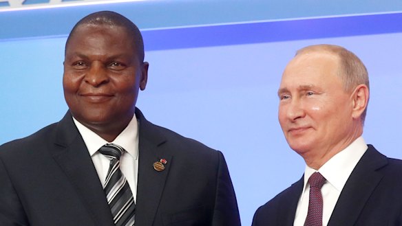 Russian President Vladimir Putin, right, and President of the Central African Republic Faustin Archange Touadera at a ceremony of the Russia-Africa summit in Sochi, Russia last year.