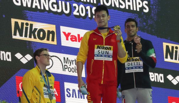 Australian silver medallist Mack Horton refuses to stand on  the dais with gold medallist Sun Yang.