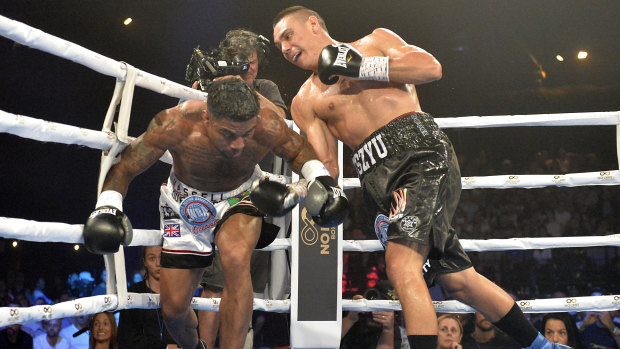 Over and out: Tim Tszyu makes short work of Denton Vassell during the Star of the Ring fight night.