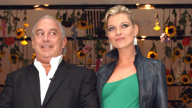 Philip Green, the billionaire owner of Arcadia Group, and model Kate Moss, at the opening of the Topshop store in New York in 2009.