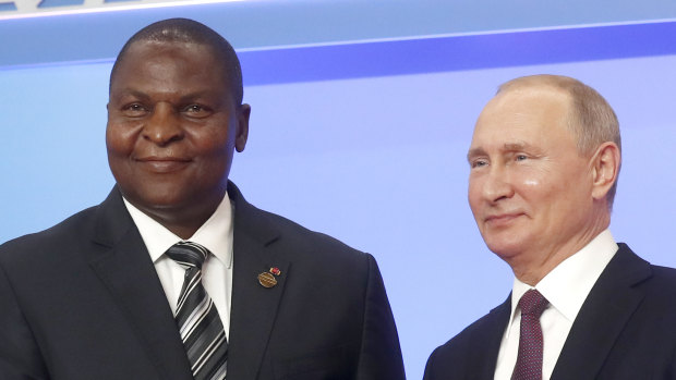 Russian President Vladimir Putin, right, and President of the Central African Republic Faustin Archange Touadera at a ceremony of the Russia-Africa summit in Sochi, Russia last year.