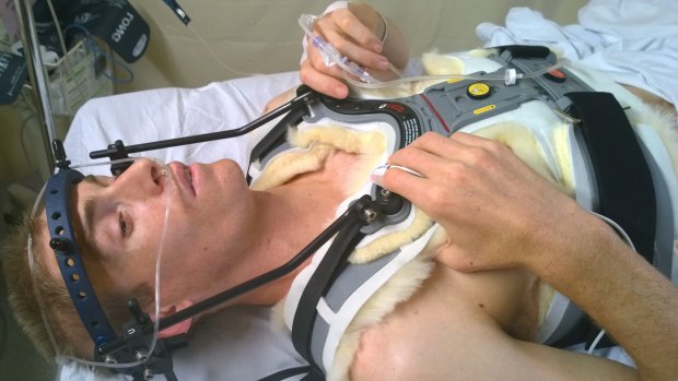 Steve Plain in hospital with a "hangman's fracture" after a bodysurfing accident in December 2014. 