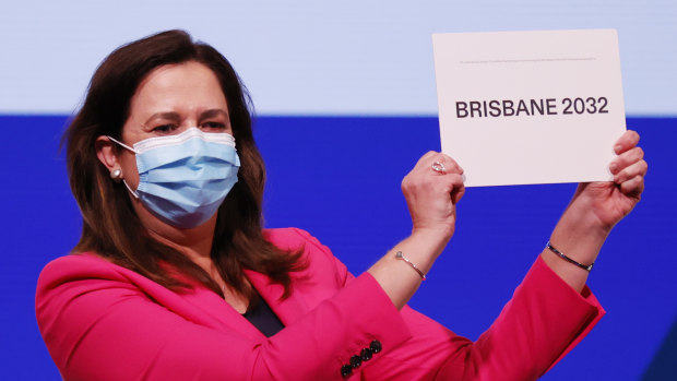 Annastacia Palaszczuk celebrates after Brisbane was announced as the 2032 Summer Olympics host city.