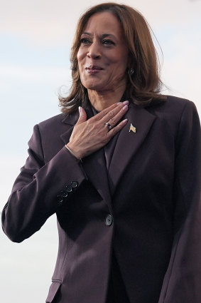 US Vice President Kamala Harris departs the stage after co<em></em>nceding the election.