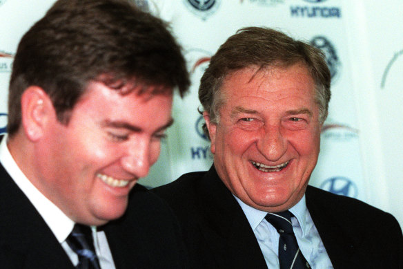Talk of the town: Eddie McGuire and John Elliott spruik the rivalry at a Carlton-Collingwood press conference in the early 2000s.