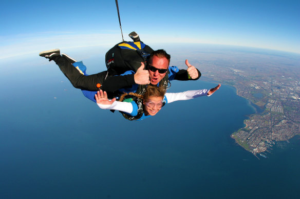 Skydive Australia chief instructor Cody Bekkerus in his element during a tandem jump.