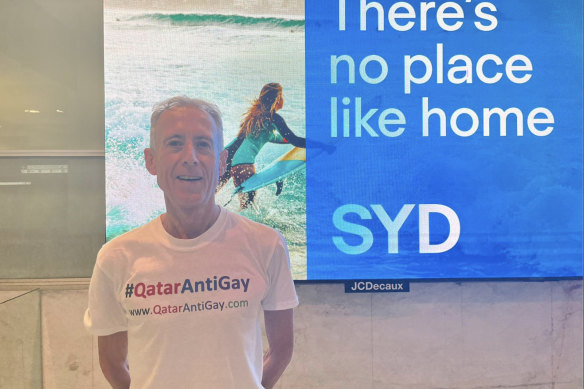 Australian gay rights activist Peter Tatchell at Sydney Airport after his individual protest in Qatar.