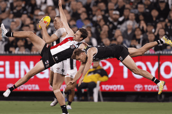 Mason Wood (right) was concussed and broke his collarbone when he collided with St Kilda teammate Zaine Cordy against Collingwood in round two of the 2024 AFL season.