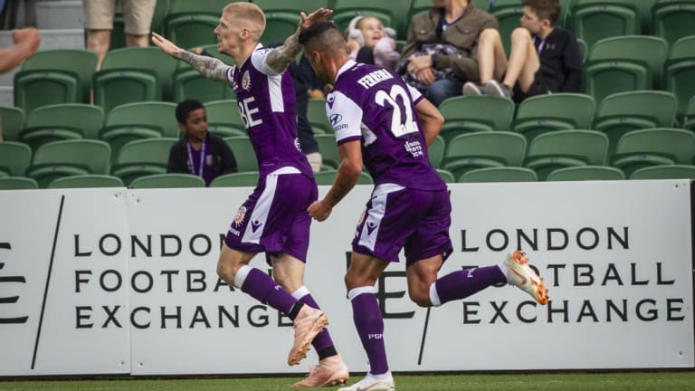 Opener: Andy Keogh celebrates scoring Perth Glory's only goal of the game on Sunday.