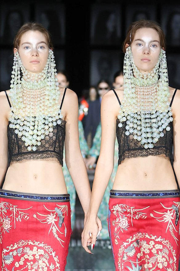 Australian models Audrey and Rozaleigh Aimann make their debut on the Gucci runway in creative director Alessandro Michele’s ‘Twinsburg’ show at Milan Fashion Week in September, 2022.