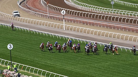Anthony Van Dyck (at the back of the field) pulls out at the top of the straight in the Melbourne Cup.