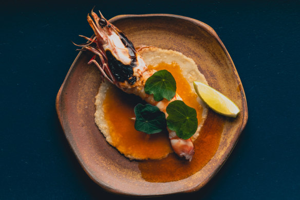 Skull Island tiger prawn with clam and morita (chilli salsa) sauce on fresh tortilla.