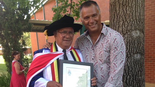 Stan Grant with his father, Stan snr, who received an honorary Doctorate of Letters from Charles Sturt University in 2013.
