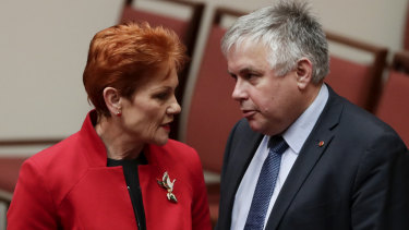 One Nation's Pauline Hanson and Centre Alliance's Rex Patrick are negotiating with the government over its three-stage tax package.