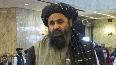 Taliban co-founder Mullah Abdul Ghani Baradar, arrives with other members of the Taliban delegation for an international peace conference in Moscow, Russia. The Taliban is illegal in Russia.