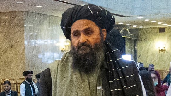 Taliban co-founder Mullah Abdul Ghani Baradar, arrives with other members of the Taliban delegation for an international peace conference in Moscow, Russia. The Taliban is illegal in Russia.