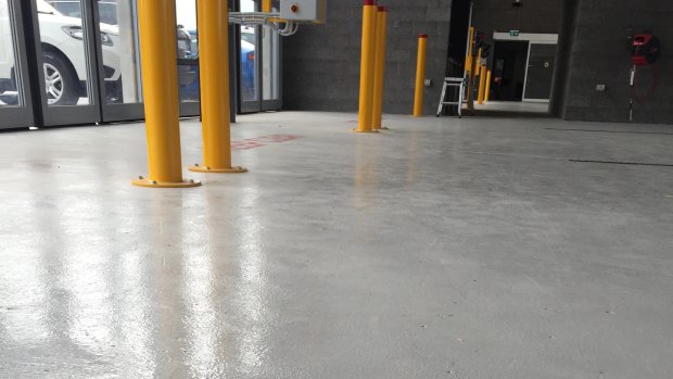 The engine bay floor at the Belconnen Fire Station in Aranda, which had to be repainted twice because it was too slippery.