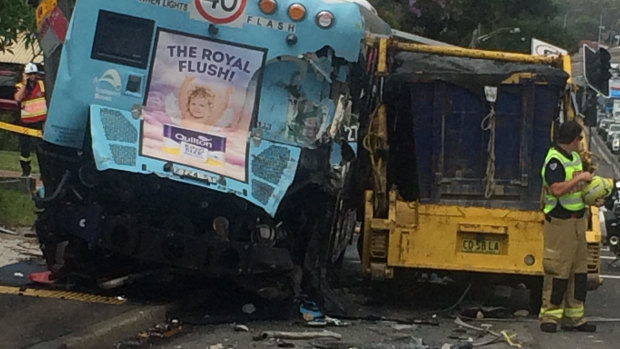 The view from behind after a truck (right) collided with two buses and multiple cars. 
