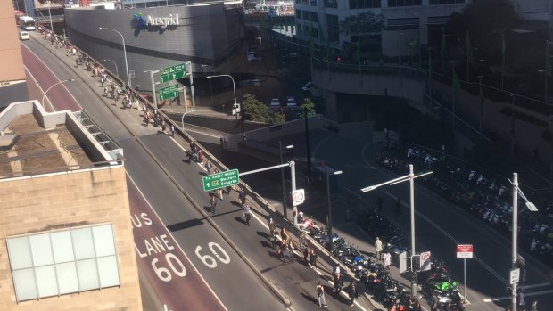 A bus breakdown on Anzac Bridge forced commuters to walk down the road into the CBD.