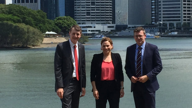 Lord mayor Graham Quirk, Treasurer Jackie Trad and Cities Minister Alan Tudge sign a Statement of Intent to create the SEQ City Deal.