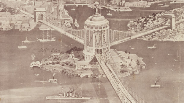 A 1922 design by Ernest Stowe included a lift to get vehicles from one section of the bridge