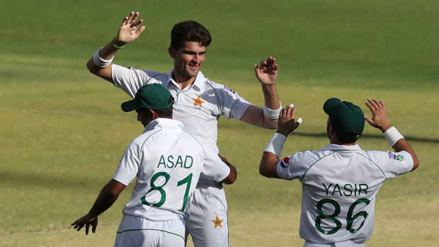 Shaheen Afridi takes the wicket of Australia A bat Joe Burns in the tour match in Perth.