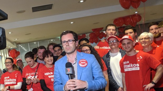Bentleigh Labor MP Nick Staikos with his supporters on Saturday night.