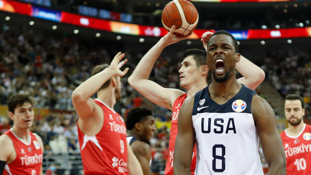Taken to the limit: Harrison Barnes of USA reacts after a clutch basket against Turkey in Shanghai.
