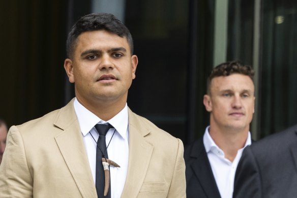 Latrell Mitchell and Jack Wighton at ACT Magistrates Court in February.