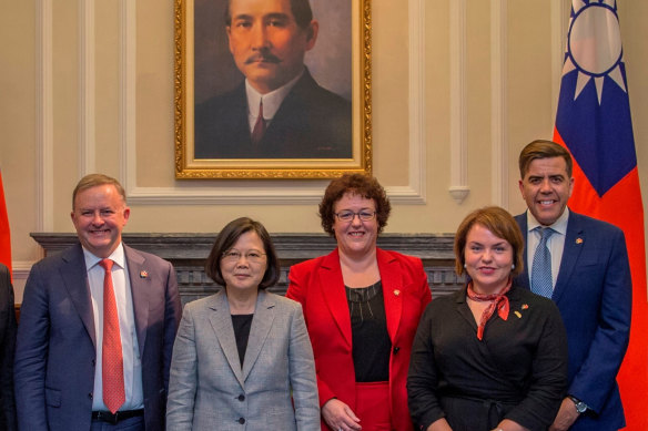 Anthony Albanese pictured visiting Taiwan in 2018, alongside Labor MPs Jacinta Collins, Kimberley Kitching and Milton Dick, meeting Taiwanese President Tsai Ing-wen. 